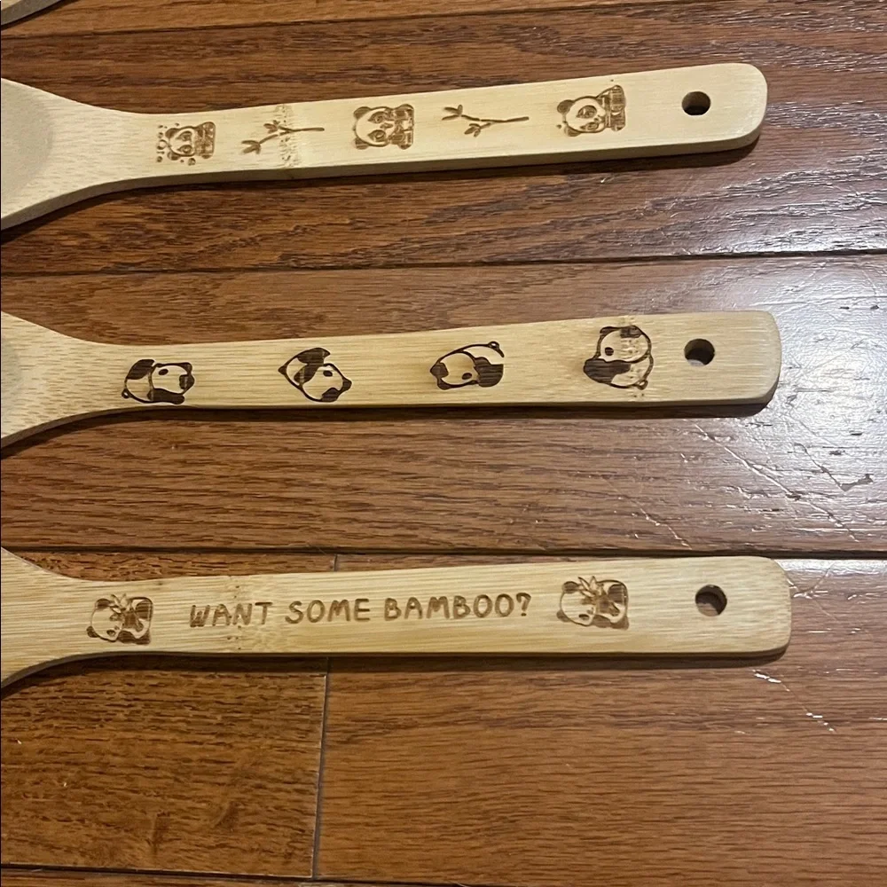 Lot of 5 pc Wooden Bamboo Panda Kitchen Cooking Spoons Utensils NWOT, New